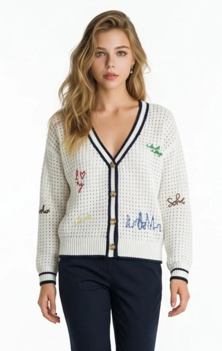 NWT Central Park West Women’s Chelsea Embroidered Cardigan Sweater Size S White